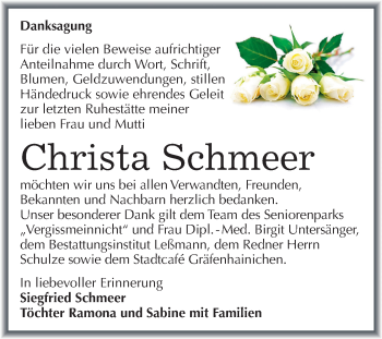 Traueranzeige von Christa Schmeer von Super Sonntag Wittenberg