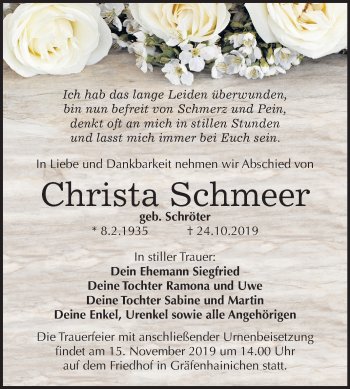 Traueranzeige von Christa Schmeer von Super Sonntag Wittenberg