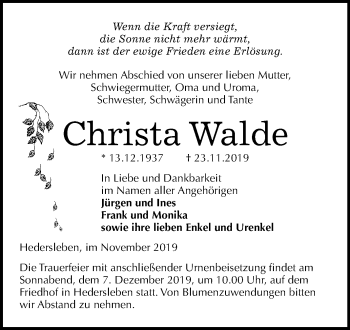 Traueranzeige von Christa Walde von Super Sonntag Quedlinburg