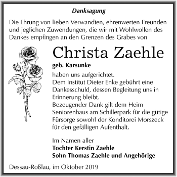 Traueranzeige von Christa Zaehle von Super Sonntag Dessau-Roßlau