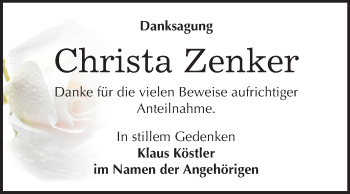 Traueranzeige von Christa Zenker von Wochenspiegel Weißenfels