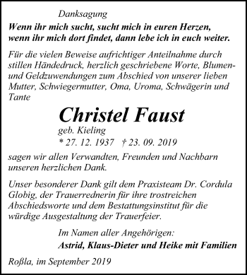 Traueranzeige von Christel Faust von Mitteldeutsche Zeitung Sangerhausen