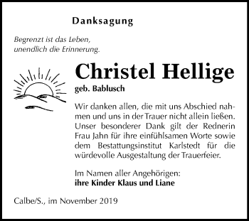 Traueranzeige von Christel Hellige von Mitteldeutsche Zeitung Bernburg