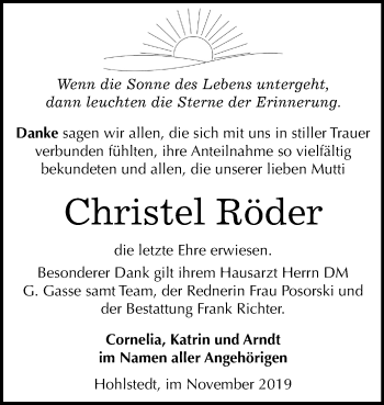 Traueranzeige von Christel Röder von Super Sonntag Sangerhausen