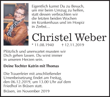 Traueranzeige von Christel Weber von Mitteldeutsche Zeitung Wittenberg