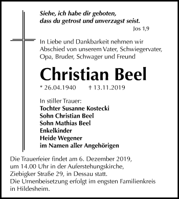 Traueranzeige von Christian Beel von Super Sonntag Dessau-Roßlau