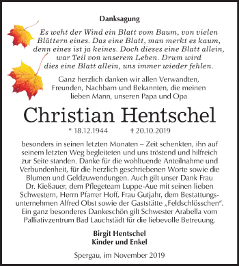 Traueranzeige von Christian Hentschel von Mitteldeutsche Zeitung Merseburg/Querfurt