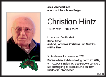 Traueranzeige von Christian Hintz von Mitteldeutsche Zeitung Weißenfels