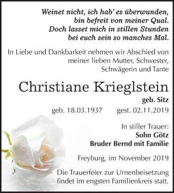 Traueranzeige von Christiane Krieglstein von Mitteldeutsche Zeitung Naumburg/Nebra