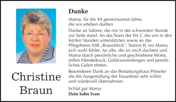 Traueranzeige von Christine Braun von Mitteldeutsche Zeitung Bernburg