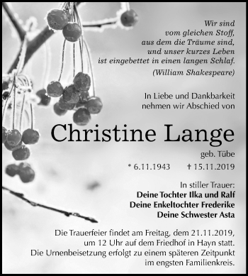 Traueranzeige von Christine Lange von Mitteldeutsche Zeitung Sangerhausen