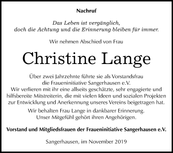 Traueranzeige von Christine Lange von Super Sonntag Sangerhausen