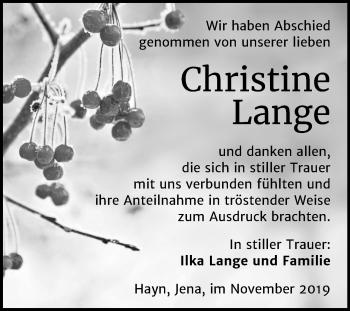 Traueranzeige von Christine Lange von Mitteldeutsche Zeitung Sangerhausen