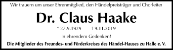 Traueranzeige von Claus Haake von Mitteldeutsche Zeitung Halle/Saalkreis