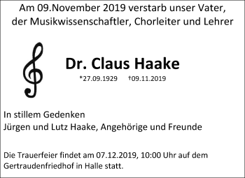 Traueranzeige von Claus Haake von Mitteldeutsche Zeitung Halle/Saalkreis / Merseburg/Querfurt