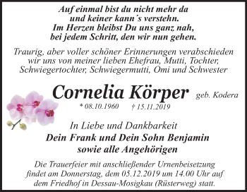 Traueranzeige von Cornelia Körper von Super Sonntag Dessau-Roßlau
