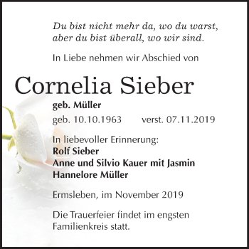 Traueranzeige von Cornelia Sieber von Wochenspiegel Quedlinburg
