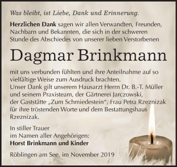 Traueranzeige von Dagmar Brinkmann von Wochenspiegel Mansfelder Land