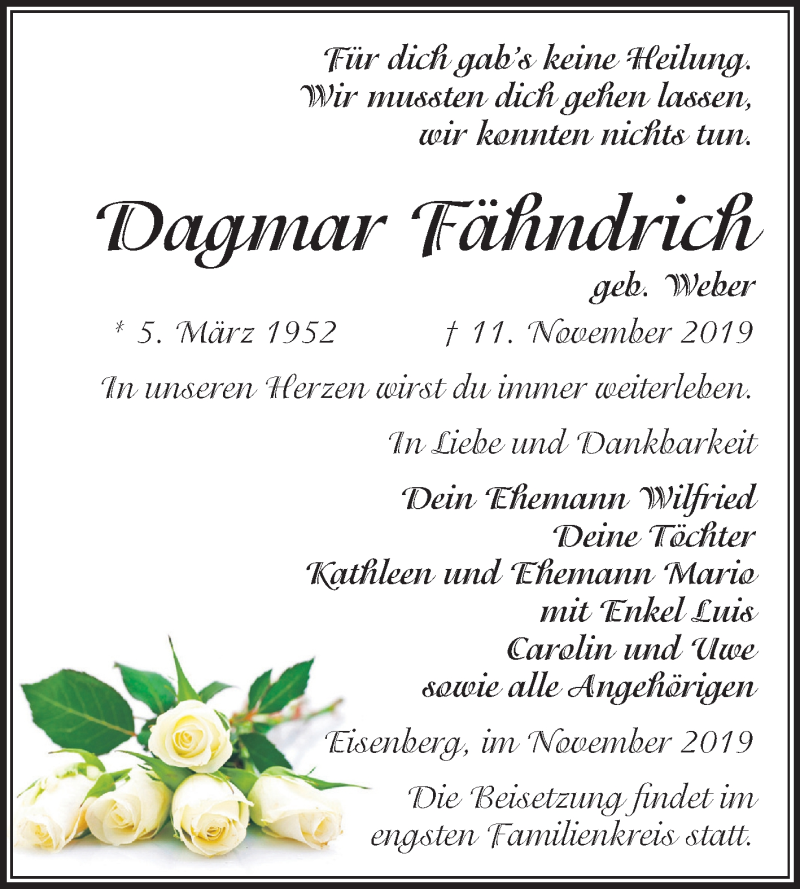  Traueranzeige für Dagmar Fähndrich vom 16.11.2019 aus Super Sonntag Zeitz
