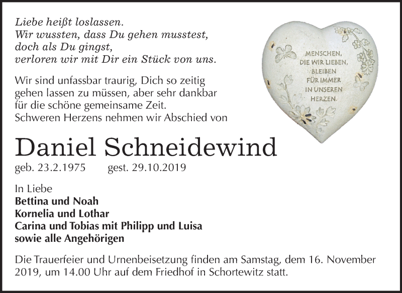  Traueranzeige für Daniel Schneidewind vom 09.11.2019 aus Mitteldeutsche Zeitung Köthen