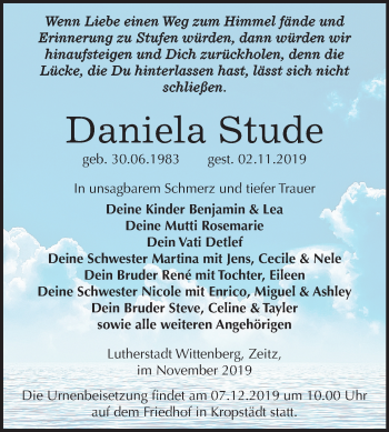 Traueranzeige von Daniela Stude von Super Sonntag Wittenberg