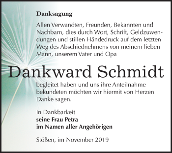 Traueranzeige von Dankward Schmidt von Wochenspiegel Naumburg/Nebra