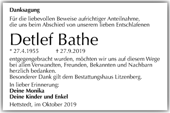 Traueranzeige von Detlef Bathe von Super Sonntag Mansfelder Land