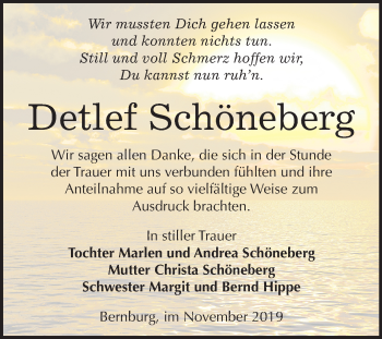 Traueranzeige von Detlef Schöneberg von Super Sonntag Bernburg