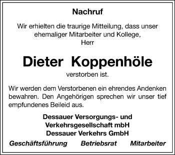 Traueranzeige von Dieter Koppenhöle von Super Sonntag Dessau-Roßlau