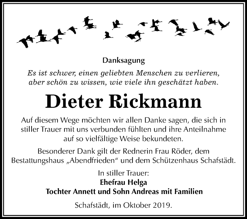  Traueranzeige für Dieter Rickmann vom 02.11.2019 aus Super Sonntag Merseburg/Querfurt