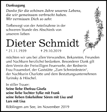 Traueranzeige von Dieter Schmidt von Super Sonntag Mansfelder Land