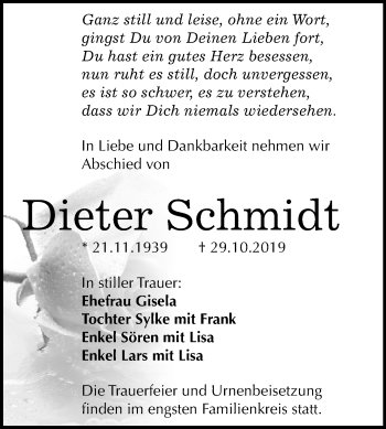 Traueranzeige von Dieter Schmidt von Mitteldeutsche Zeitung Mansfelder Land