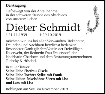 Traueranzeige von Dieter Schmidt von Mitteldeutsche Zeitung Mansfelder Land