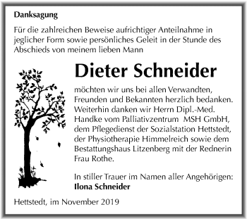 Traueranzeige von Dieter Schneider von Mitteldeutsche Zeitung Mansfelder Land
