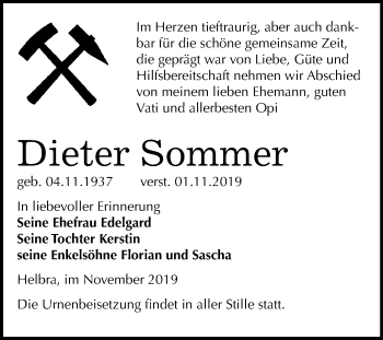 Traueranzeige von Dieter Sommer von Mitteldeutsche Zeitung Mansfelder Land