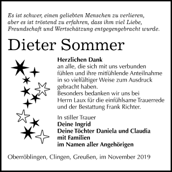 Traueranzeige von Dieter Sommer von Mitteldeutsche Zeitung Sangerhausen