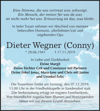 Traueranzeige von Dieter Wegner von Mitteldeutsche Zeitung Bitterfeld
