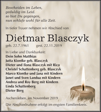 Traueranzeige von Dietmar Blasczyk von Mitteldeutsche Zeitung Aschersleben