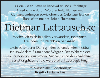Traueranzeige von Dietmar Lattauschke von Super Sonntag Dessau-Roßlau