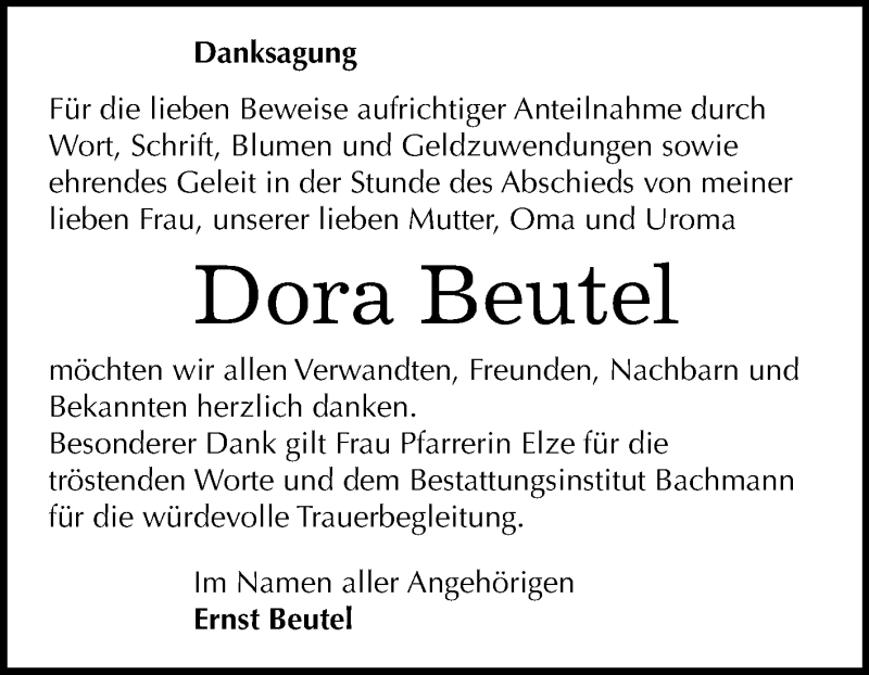  Traueranzeige für Dora Beutel vom 30.11.2019 aus Super Sonntag Dessau-Roßlau