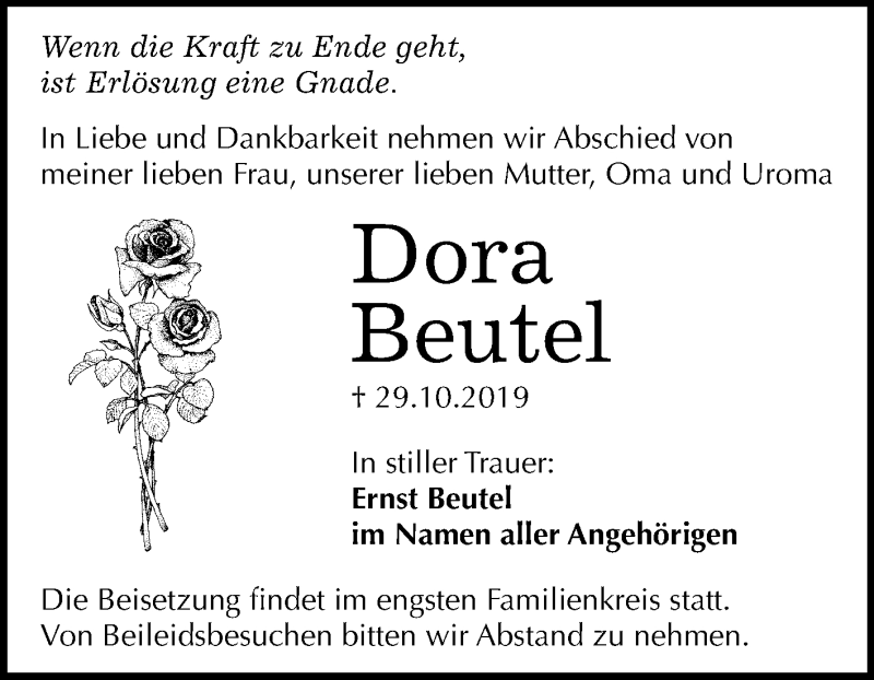  Traueranzeige für Dora Beutel vom 09.11.2019 aus Super Sonntag Dessau-Roßlau