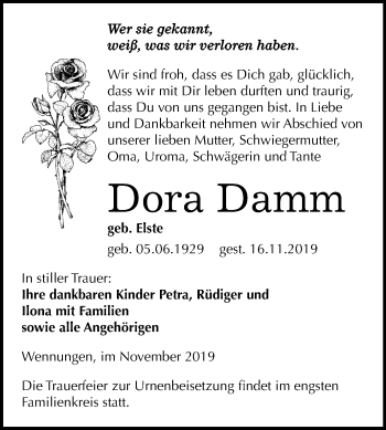 Traueranzeige von Dora Damm von Mitteldeutsche Zeitung Naumburg/Nebra