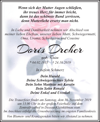 Traueranzeige von Doris Dreher von Mitteldeutsche Zeitung Dessau-Roßlau