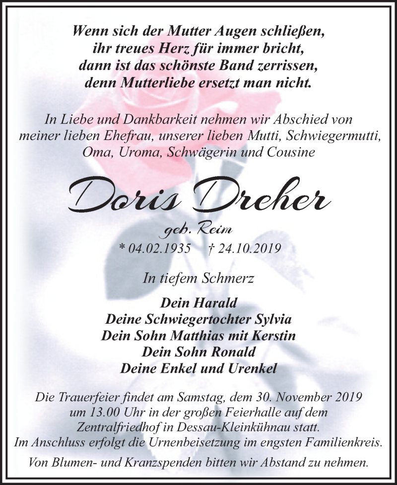  Traueranzeige für Doris Dreher vom 09.11.2019 aus Mitteldeutsche Zeitung Dessau-Roßlau