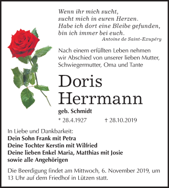 Traueranzeige von Doris Herrmann von Mitteldeutsche Zeitung Weißenfels