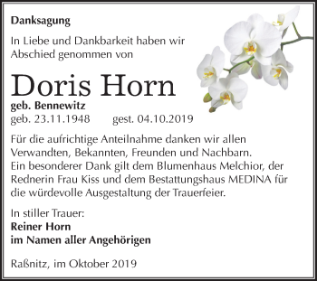 Traueranzeige von Doris Horn von Mitteldeutsche Zeitung Merseburg/Querfurt