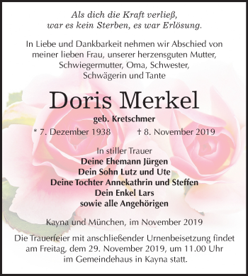Traueranzeige von Doris Merkel von Mitteldeutsche Zeitung Zeitz