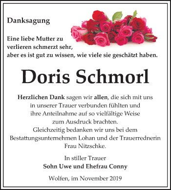 Traueranzeige von Doris Schmorl von Mitteldeutsche Zeitung Bitterfeld
