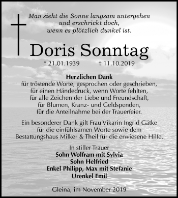 Traueranzeige von Doris Sonntag von Mitteldeutsche Zeitung Zeitz