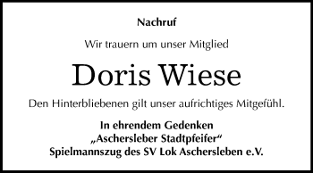 Traueranzeige von Doris Wiese von Super Sonntag Aschersleben